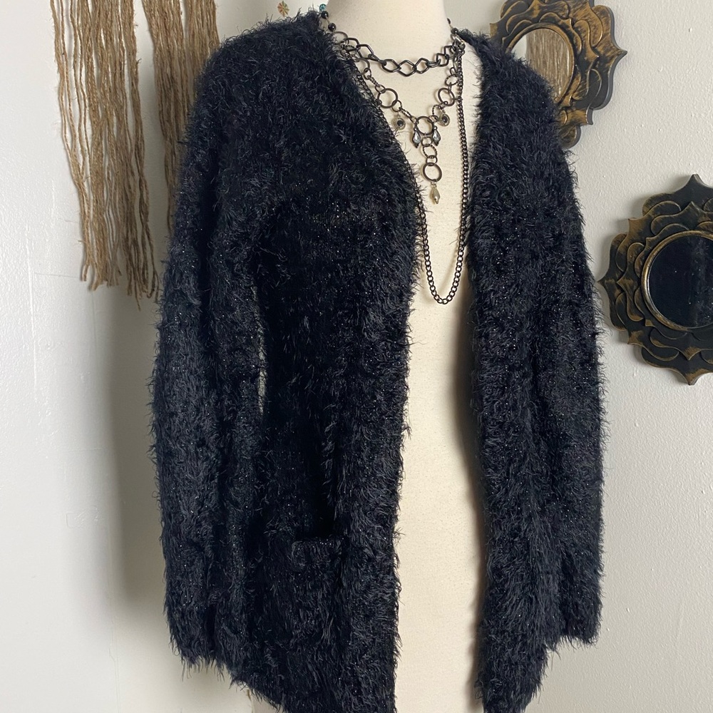 Justice teddy bear style black shag sparkles open front cardigan pockets size M